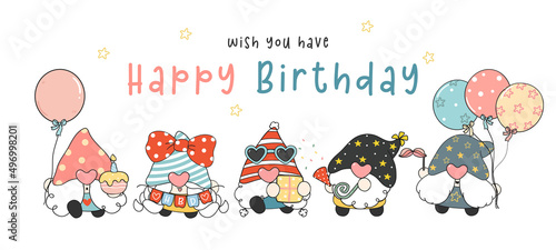cute happy Birthday Gnomes greeting card, group of baby gnomes party cartoon drawing vector, Happy birthday celebration