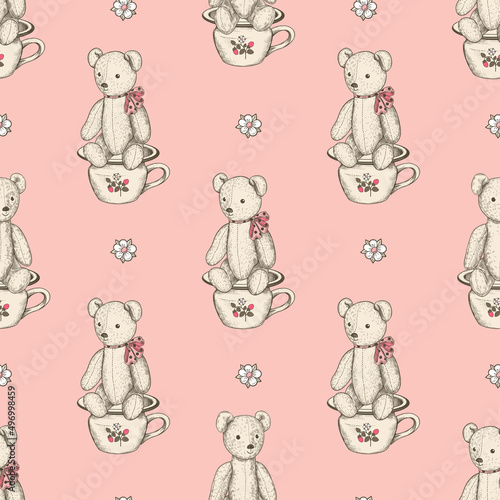Teddy bear sits on a children's pot.  Engraved vintage vector seamless pattern. Pastel colors. Retro background.