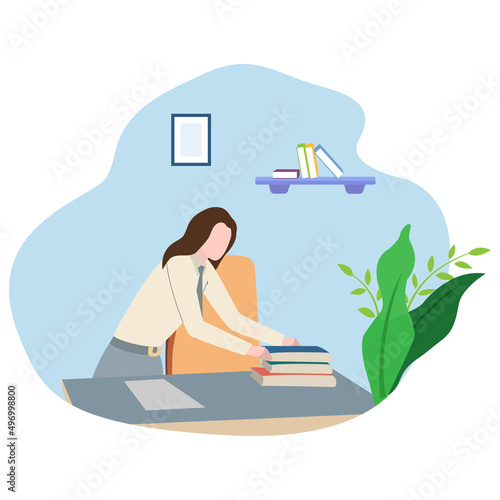 Woman sitting on the floor and doing cleaning a dirty workspace or workroom at home, work from home cleanup and space organizing concept, vector illustration in flat style.