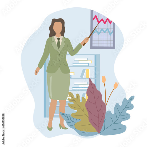 Woman making business presentation and pointing at the board. Presenting business plan . Vector illustration in cartoon style