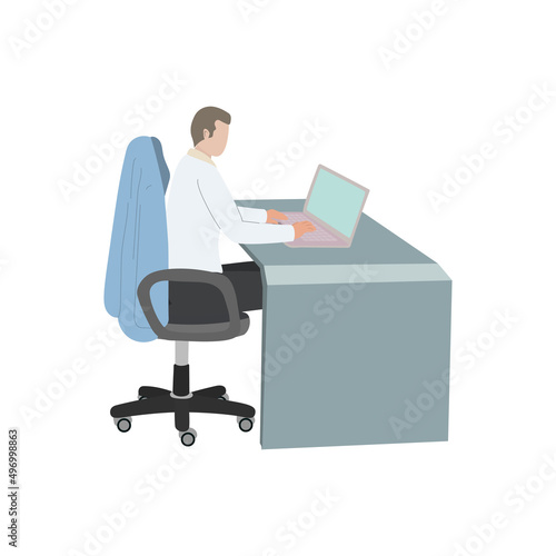 Businessman in a suit looking at the screen and thinking about solving the problem. A man working at a computer in the office. Vector illustration isolated on white