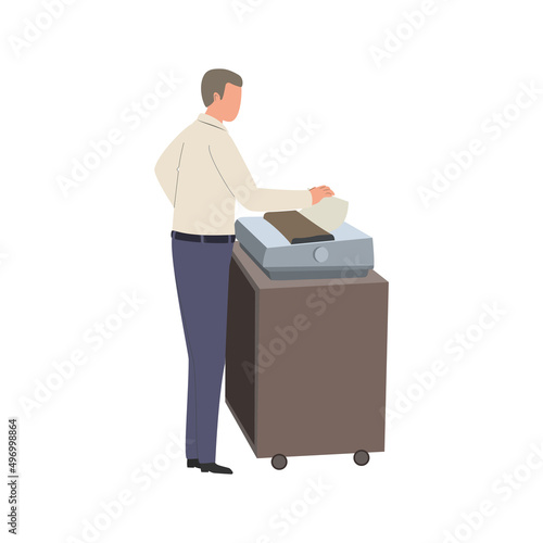 A man in the office makes photocopies of documents. Color vector illustration