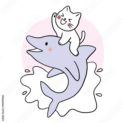 Cartoon cute cat and dolphin on the sea vector.