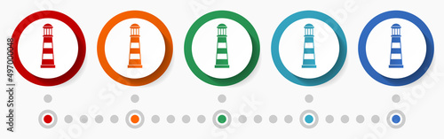 Lighthouse, travel concept vector icon set, infographic template, flat design colorful web buttons in 5 color options