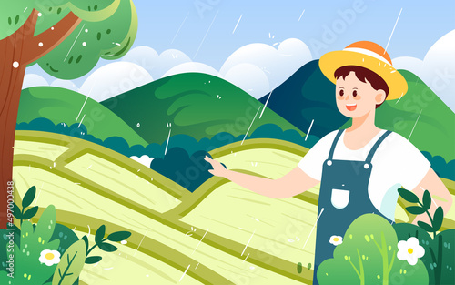 Farmer plowing in farmland on rainy day, vector illustration