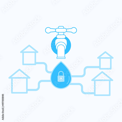 Water drop with padlock falling from tap, connected to household as a gimmick of water security. Vector illustration outline flat design style.