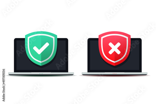 Shield with check mark on computer laptop. Online security protection. Vector illustration