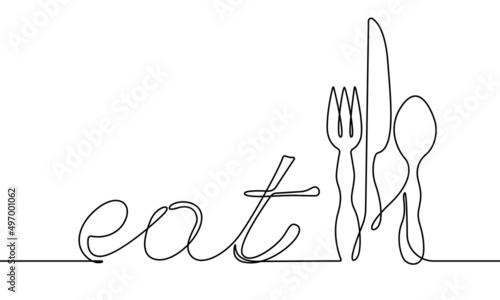 Eat Hand Drawn Lettering. Modern Vector Calligraphy. Eat Phrase and Drawing. Ink Illustration Isolated Black Sketch on White. Hand Lettering Inscription for Modern Design.