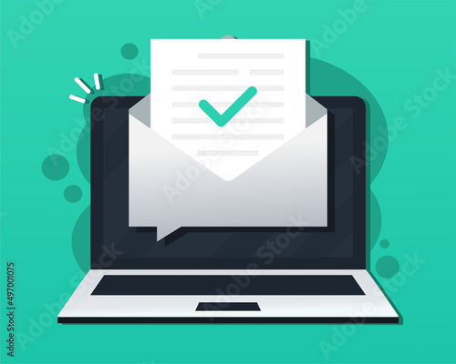 Check mark document in mail envelope.  Approved email message on laptop computer screen. Vector illustration.