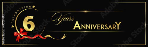 6 Years Anniversary Celebration Gold and Black Color Vector Template Design Illustration. anniversary celebration logotype with elegant modern number gold color for celebration, ribbon, luxury.