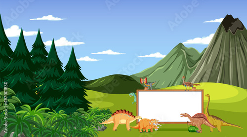 Prehistoric forest with empty board and dinosaur