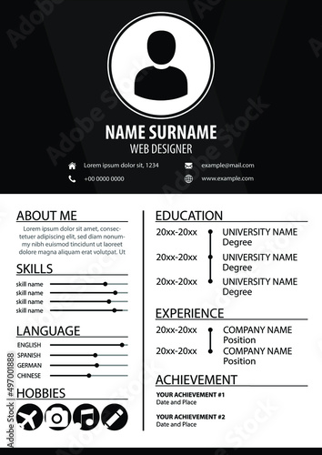 Professional CV - Resume Template. Modern Clean Design. Elegant Color Background. Editable Vector. A4 Paper Size. Suitable for Job Application