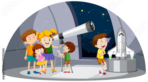 Astronomy theme with kids looking at telescope
