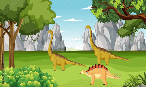 Dinosaur in prehistoric forest scene