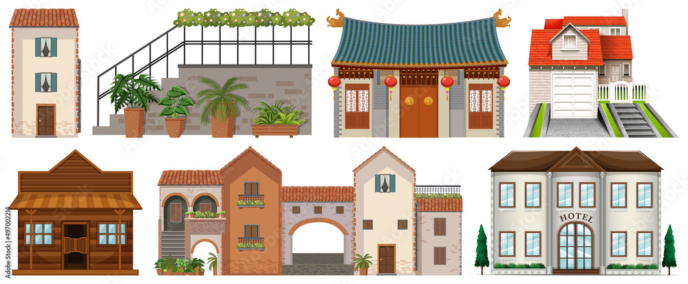 Different design of buildings on white background
