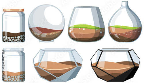 Set of glass terrariums on white backround