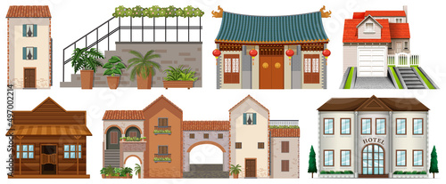 Different design of buildings on white background