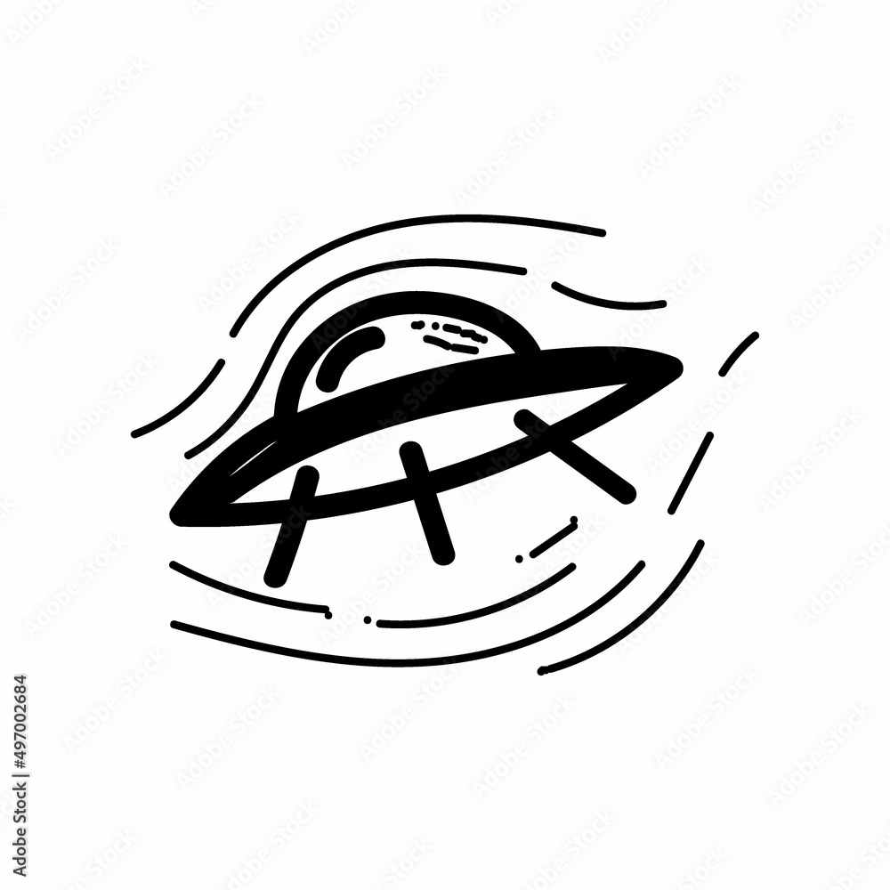 Fototapeta premium A simple icon of a spaceship, a UFO, a flying saucer. Hand-drawn sketch in the style of a flying UFO in space. Space transport isolated vector illustration.