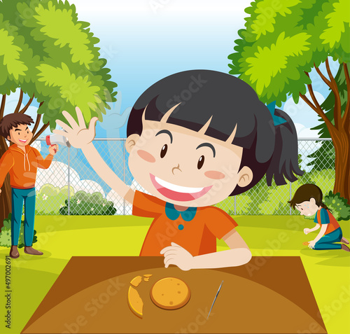 Children playing scratch dalgona cookie at the park