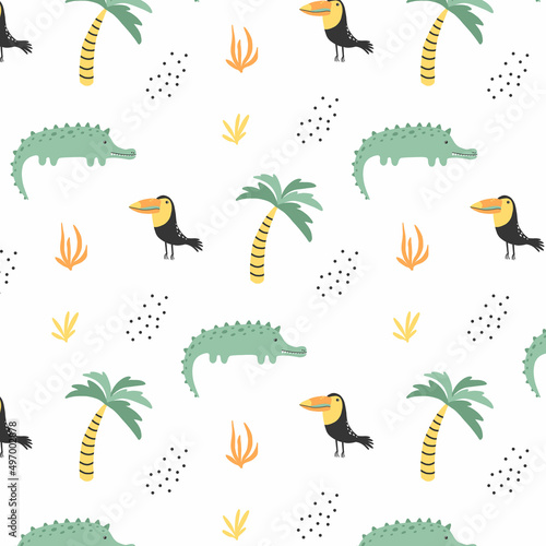 Childish seamless pattern with jungle animals. Hand-drawn cute pattern with crocodile, toucan and palm.