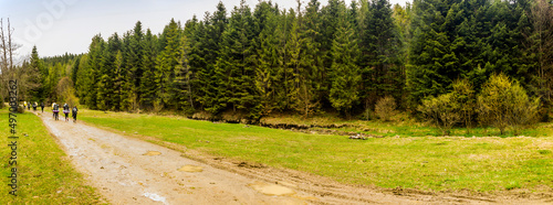 group of hikers on the road, Carpathian, Skole Beskids National Nature Park, Ukraine