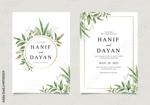 Set of wedding invitation templates with green leaves decoration