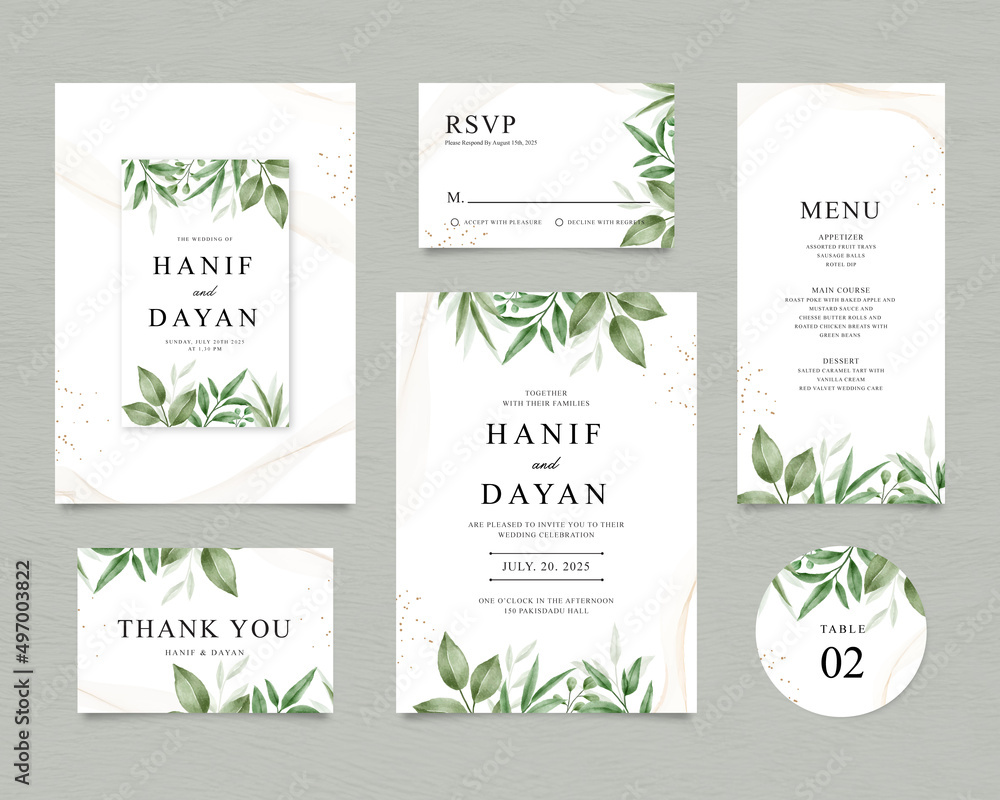 wedding invitation card template set with watercolor foliage decoration