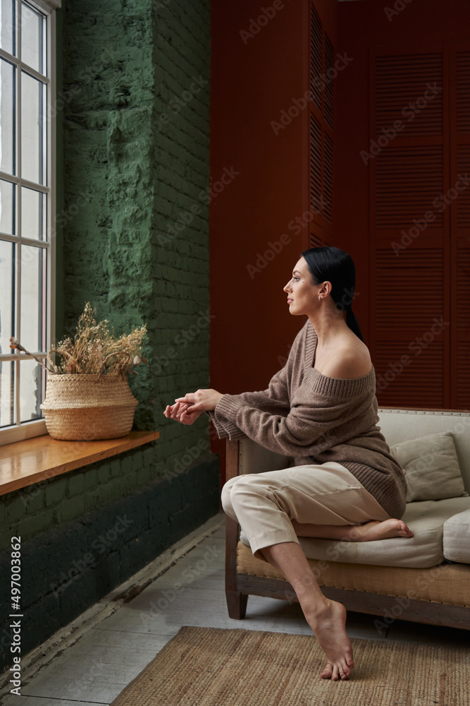 a beautiful woman with dark hair with a smooth hairstyle gracefully sits on a sofa by the window in cozy clothes