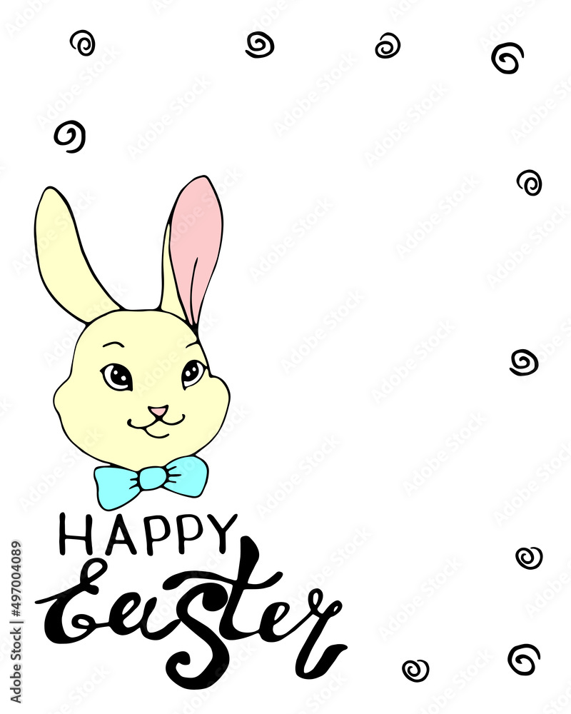 Obraz premium Happy Easter - frame, border with inscription and color drawing of face of cute rabbit in flat style. Vector template for greeting card, invitation, poster, sticker, holiday design