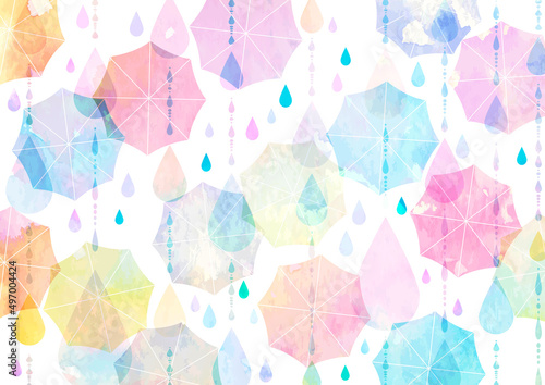 水彩、雨、傘、カラフル、梅雨、イラスト、背景、横、6月