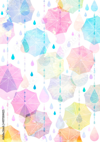 水彩風雨脚と傘のカラフル梅雨イメージ背景タテ