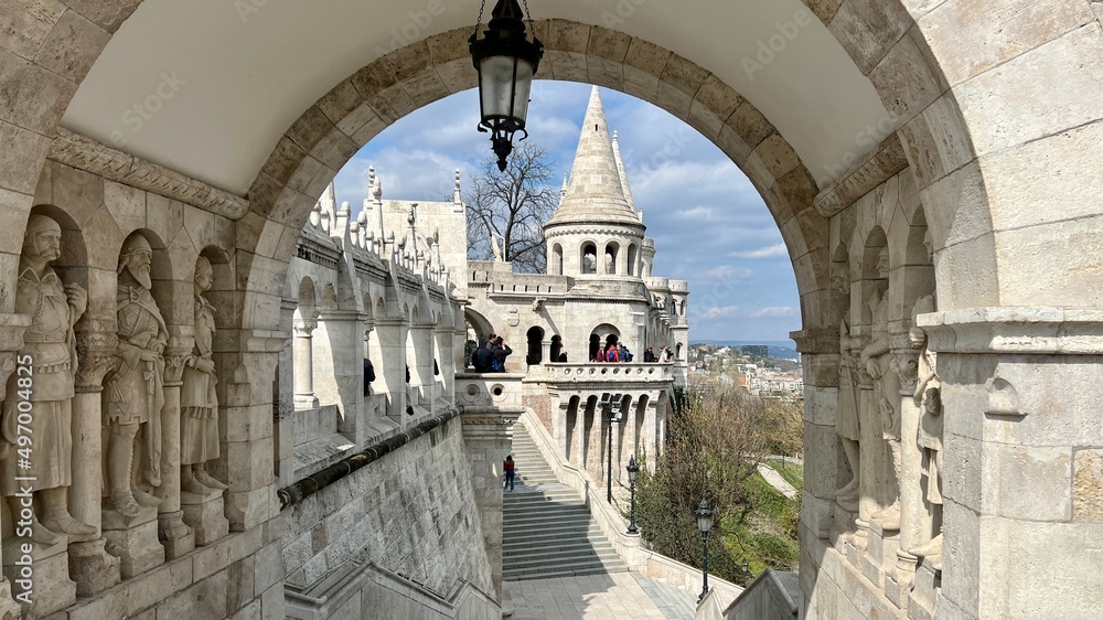 Fisherman's bastion attraction of the Buda castle white stone fortress with seven towers with the most beautiful view of the Danube and Pest 05.04.22 Budapest Hungary.