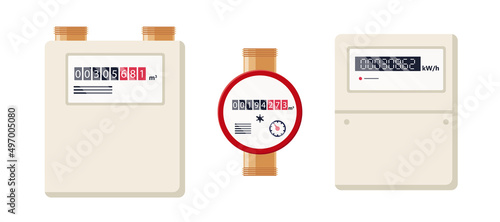 Gas, water and electric meters. Industrial and household meters set. Fuel, water and electricity consumption control. Gas counter. Collection of flat vector illustrations isolated on white background.