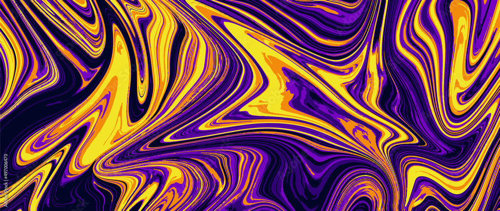 Abstract gradient fluid art background. Modern illustration wallpaper with yellow and purple colors dynamic wave texture. Violet liquid hand drawn design for banner, business, wall art, decoration.