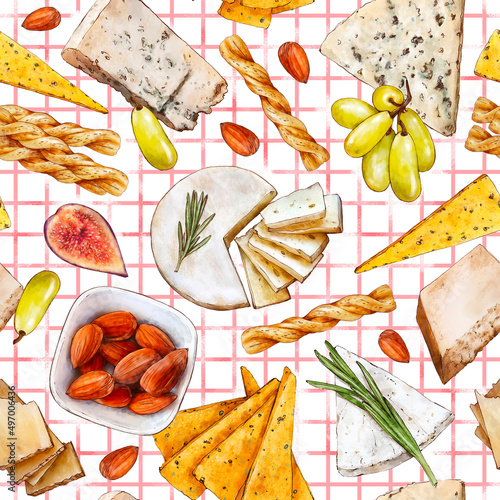 Tapety Jedzenie  various-types-of-cheese-and-snacks-seamless-pattern-blue-cheese-parmesan-bread-sticks-almonds-bacon-grapes-hand-painted-watercolor-background-food-for-fabric-wrapping-paper-textile