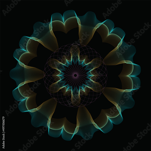 floral print on a black background with thin lines, abstract illustration