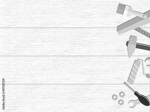 Professional handyman services . Handyman Equipment. Vector banner template with tools collection and text space on white wood background.  EPS10.