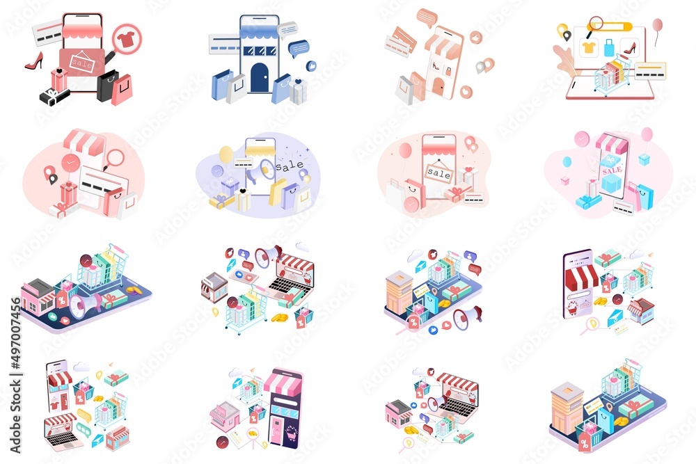 Set of modern 3D isometric of online shopping, digital marketing, digital store promotion, online payment, big sale, ads, e-commerce, online shop, digital business on website or mobile application. Set of modern 3D isometric of online shopping, digital marketing, digital store promotion, online payment, big sale, ads, e-commerce, online shop, digital business on website or mobile application.