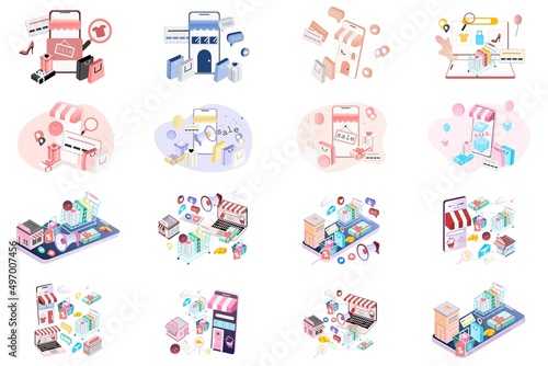 Set of modern 3D isometric of online shopping, digital marketing, digital store promotion, online payment, big sale, ads,  e-commerce, online shop, digital business on website or mobile application.