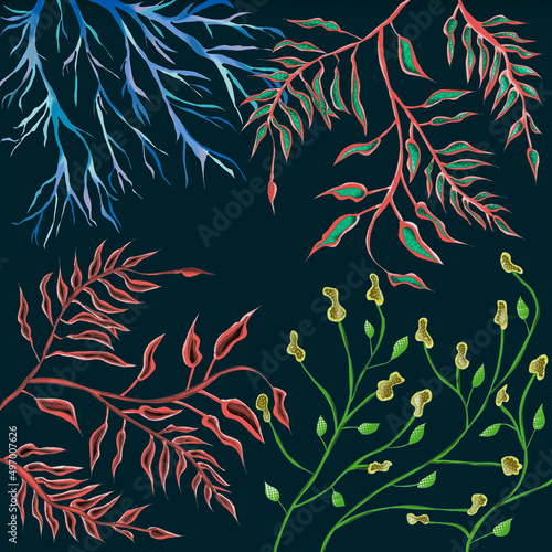 Ilustracja motyw roślinny kolorowe liście na ciemnym tle tle 
