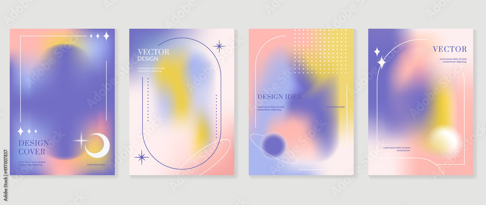 Abstract gradient fluid liquid cover template. Set of modern poster with vibrant graphic color, hologram, dot pattern. Minimal style design for flyer brochure, background, wallpaper, banner.