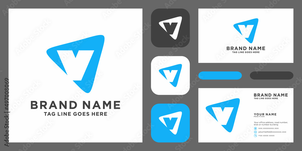 letter V rounded triangle shape icon logo with business card template letter V rounded triangle shape icon logo with business card template