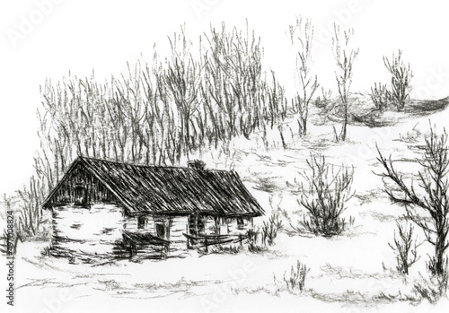 Landscape with rustic house and trees on hill. Charcoal on paper.