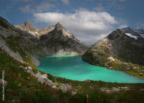 Beautiful high-mountain lake Klukhor with turquoise water in Karachay-Cherkessia