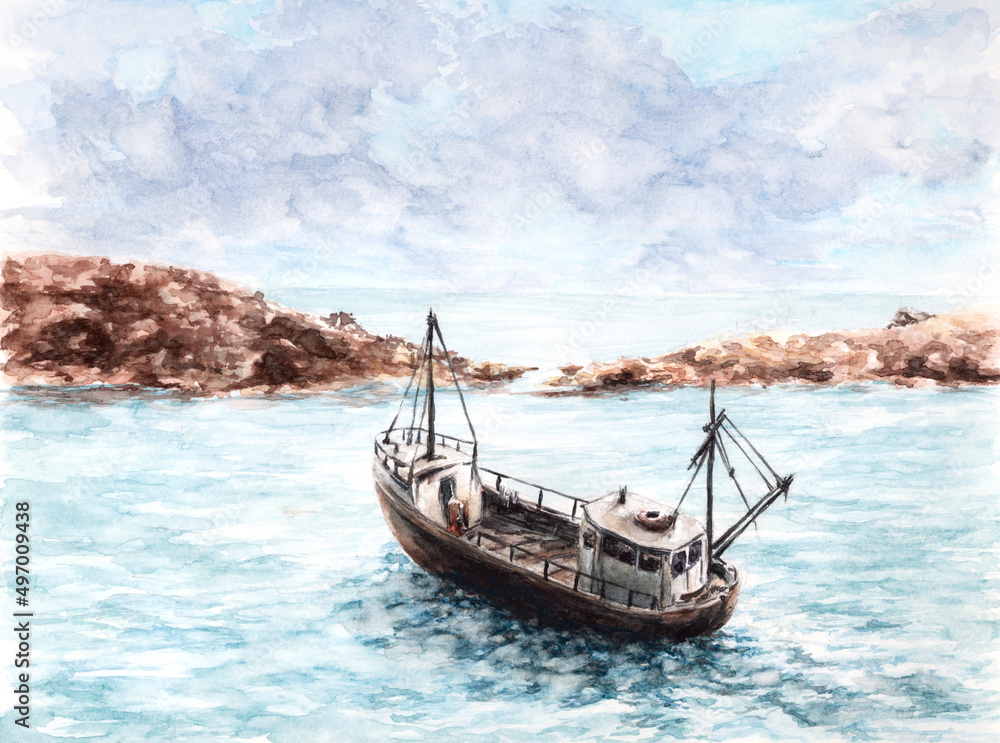 Fishing boat in a bay. Watercolor on paper.