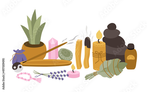 Subjects for yoga and meditation practice, rest and relaxation. Palo Santo sticks, sage, aromatherapy, crystals, rosaries, candles, lavender, oil, yin yang, aloe, stones. Vector illustration.