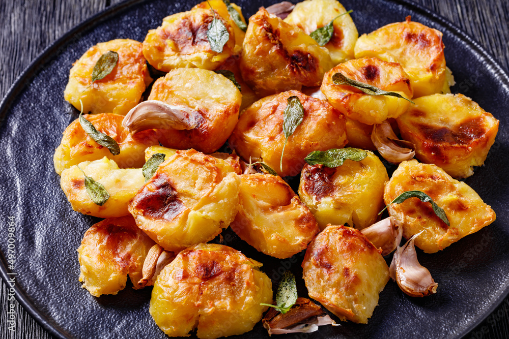 roasted squashed potatoes with garlic and sage roasted squashed potatoes with garlic and sage
