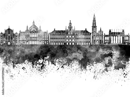 Antwerp skyline in black watercolor