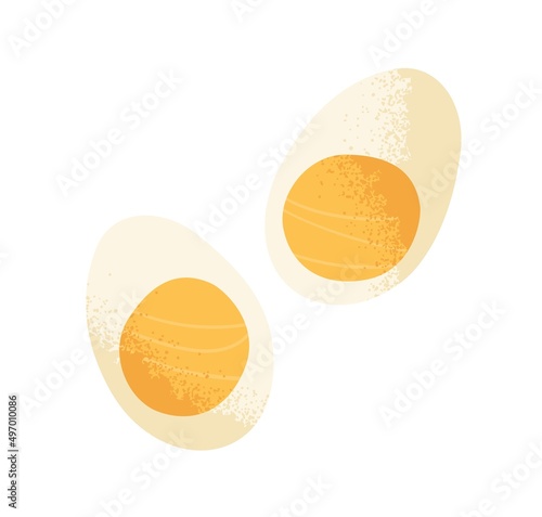 Boiled chicken egg, cooked and cut into two halves, pieces. Protein and yello...