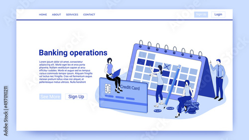 Banking operations.People on the background of a calendar and credit cards calculate bank payments.The illustration in the style of the landing page is blue.
